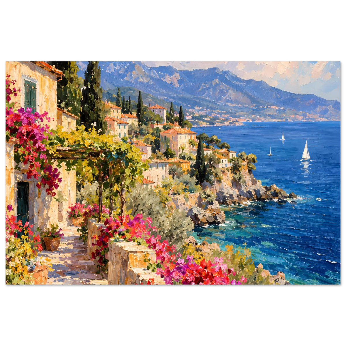 Mediterranes Küstenposter (Querformat): blühender Weg am Haus, Meer mit Segelbooten