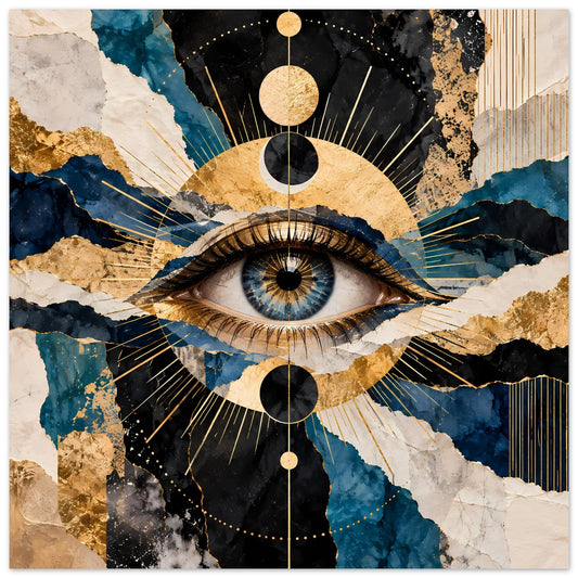Kunstposter mit mystischem Auge, Gold- und Tiefblau-Akzenten, abstrakte Geometrie