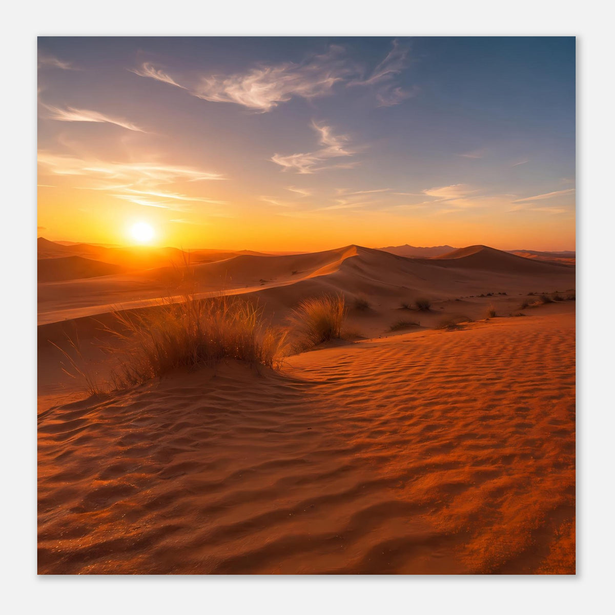 Wandposter (quadratisch) mit Wüstenlandschaft bei Sonnenuntergang, Dünen und gelber Himmel