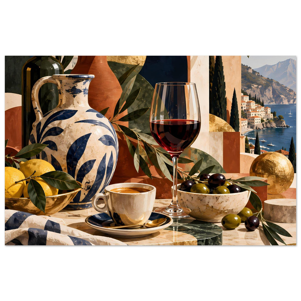 Poster mit Stilllebenkomposition: Vase, Rotweinglas, Kaffeetasse, Schale voller Oliven