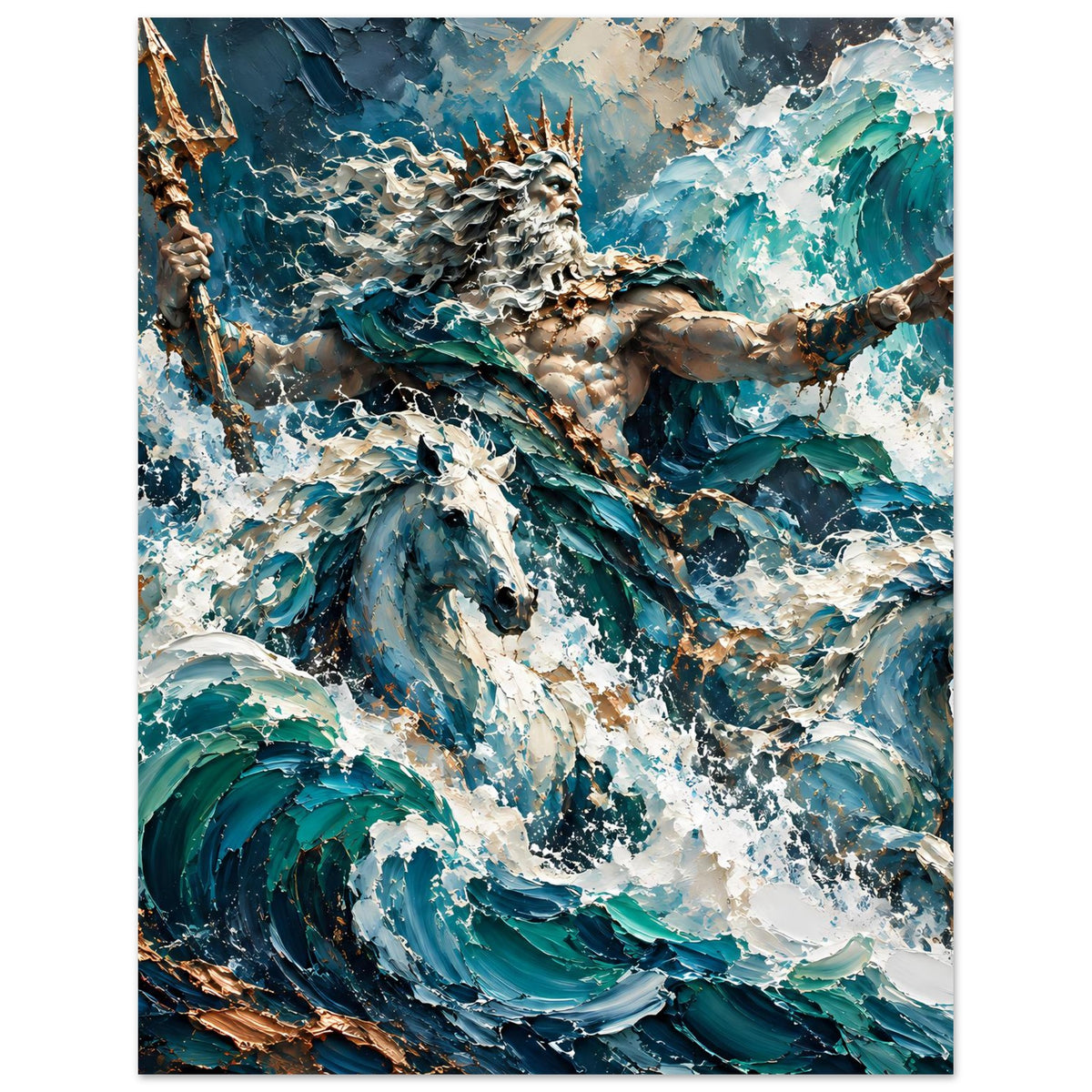 Vertikales Poster: Neptun mit Meeresschaum und türkisblauen Wellen, ausgebreitete Arme