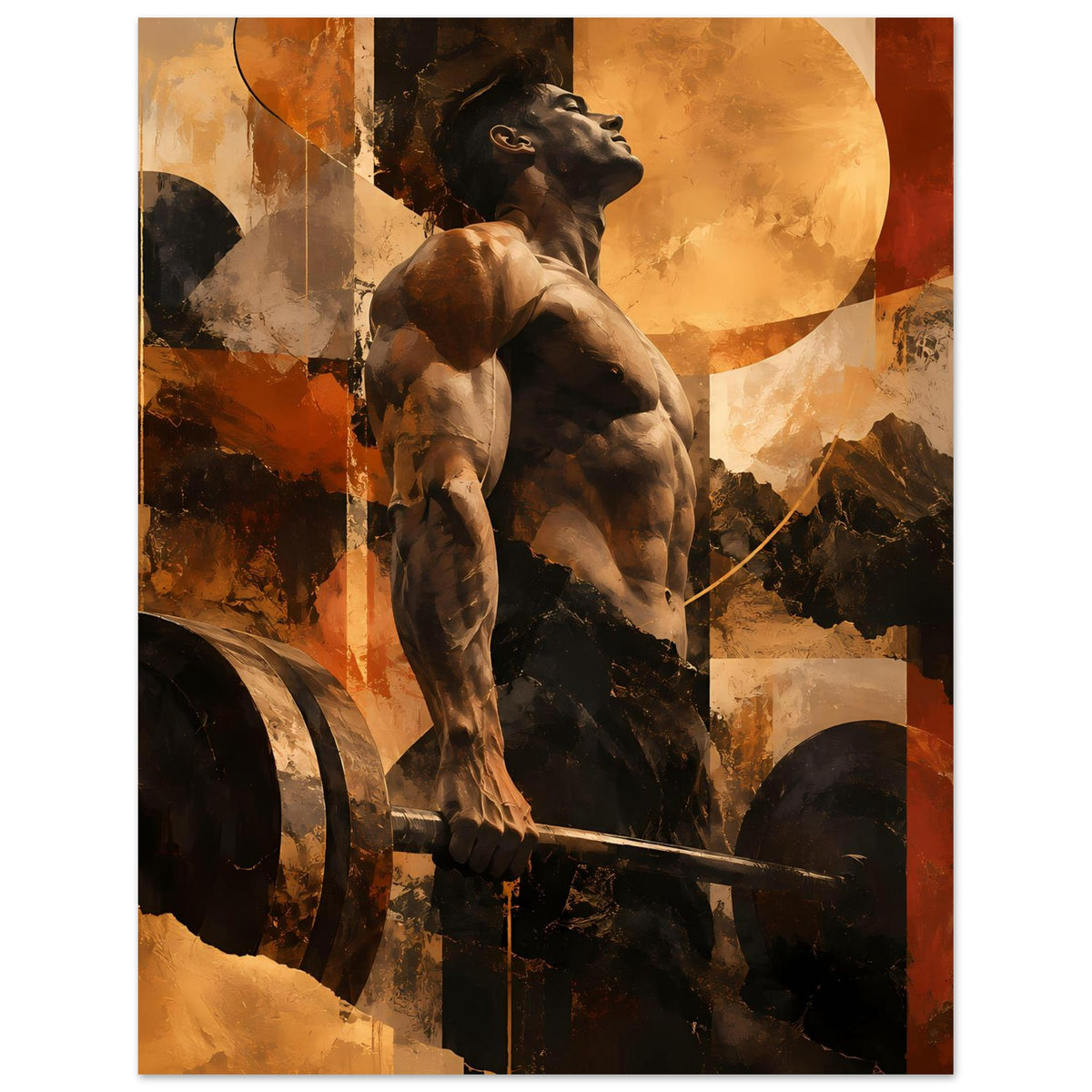 Vertikales Fitness-Artposter mit Hund und Hantelstange, warmes Farbspiel in Erdtönen