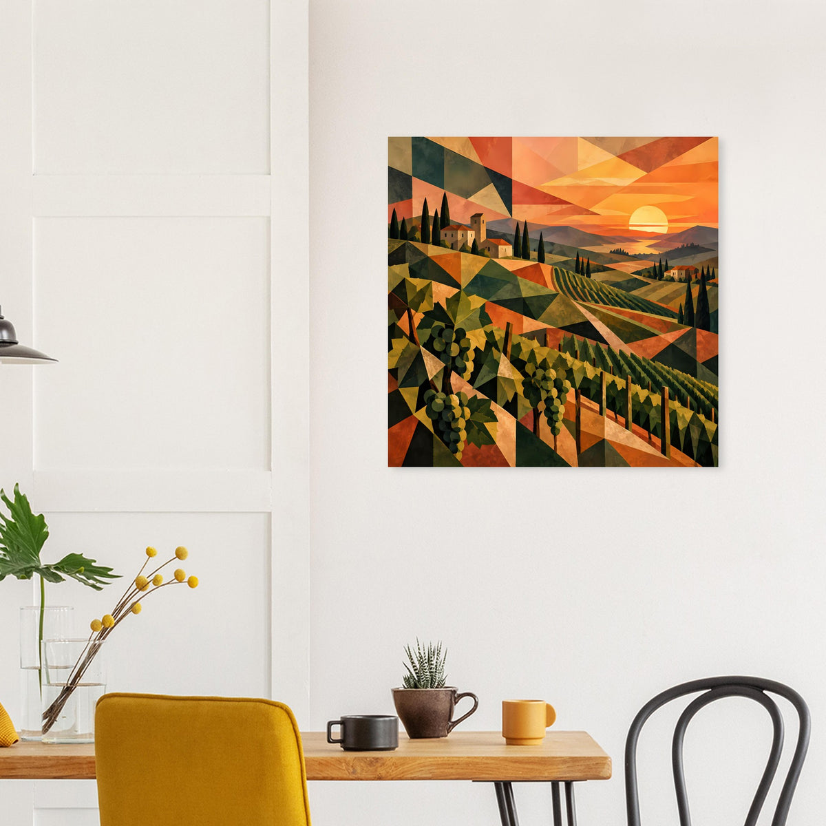 Poster mit Weinbergen und Villen, geometrischer Sonnenuntergang in Orange und Grün