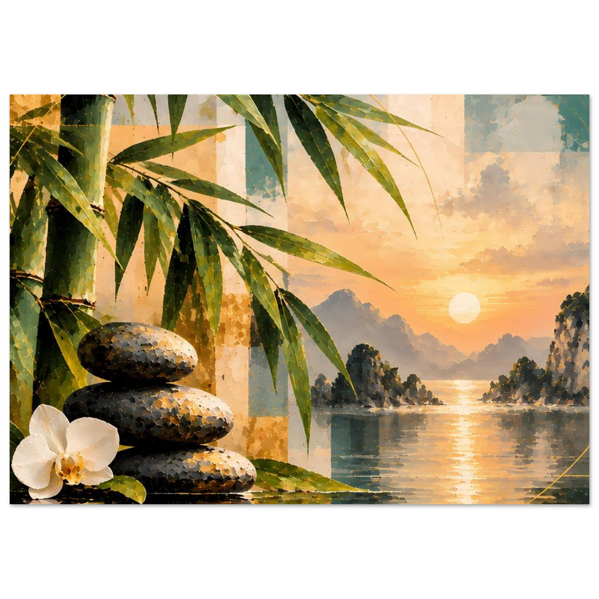Poster mit Bambus, Steinsäule und weißer Orchidee vor Sonnenuntergang am Wasser