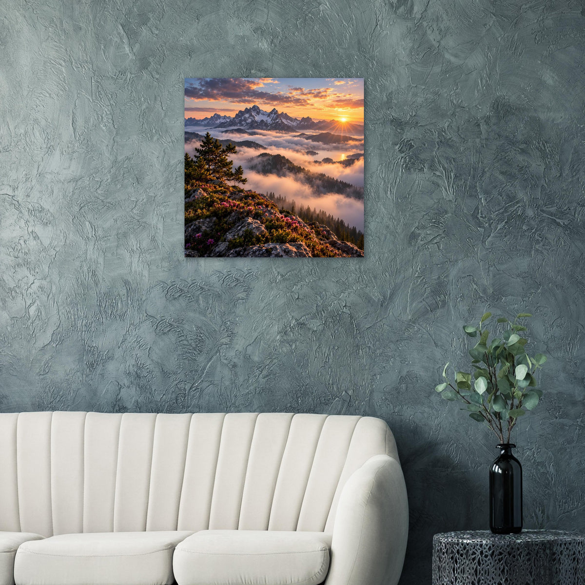 Quadratisches Wandposter mit Berglandschaft, Sonnenaufgang und Wolkenmeer