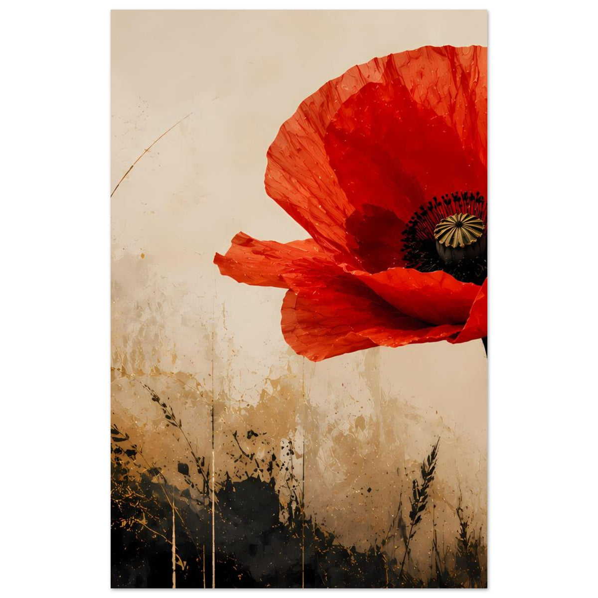 Hochformatiges Poster, roter Mohnblumen-Ausschnitt mit dunklem Blütenkern und Stiel