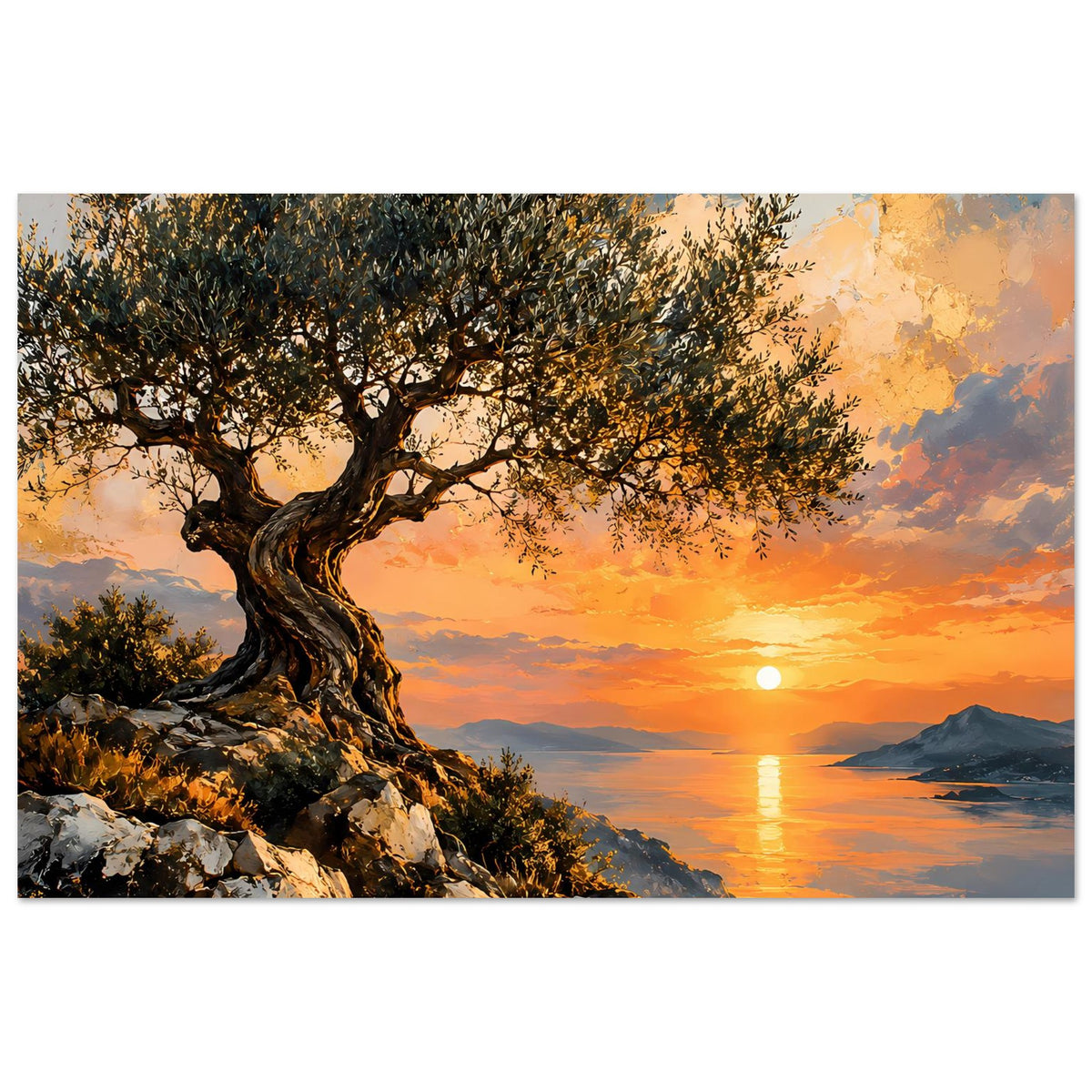 Olivenbaum-Poster im Querformat mit Sonnenuntergang, Felsenküste, Meer und warmen Farbtönen