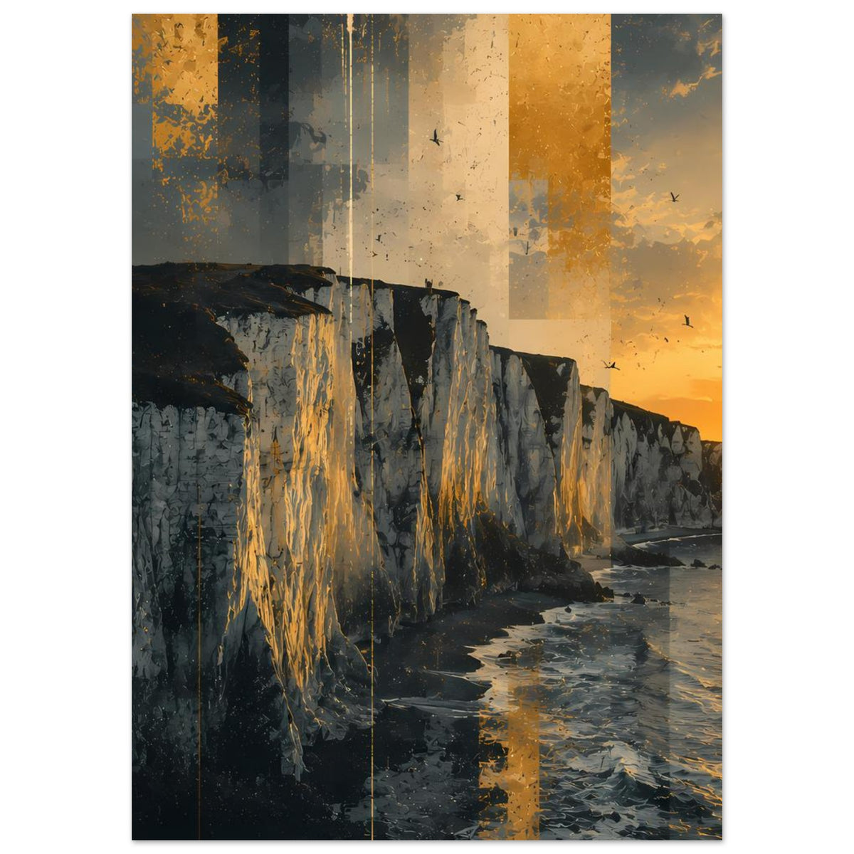 Vertikales Poster mit felsiger Steilküste, goldene Lichtstreifen auf dem Klippenhang und Meer