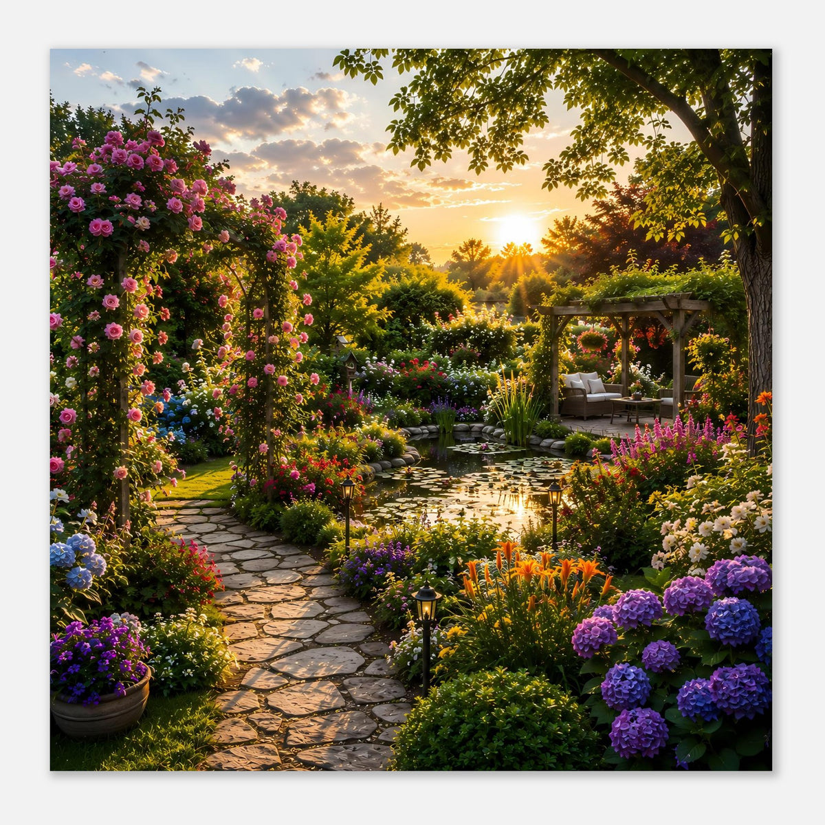 Querformatiges Blumenposter mit Gartenweg, lila Blüten und Pavillon im warmen Abendlicht