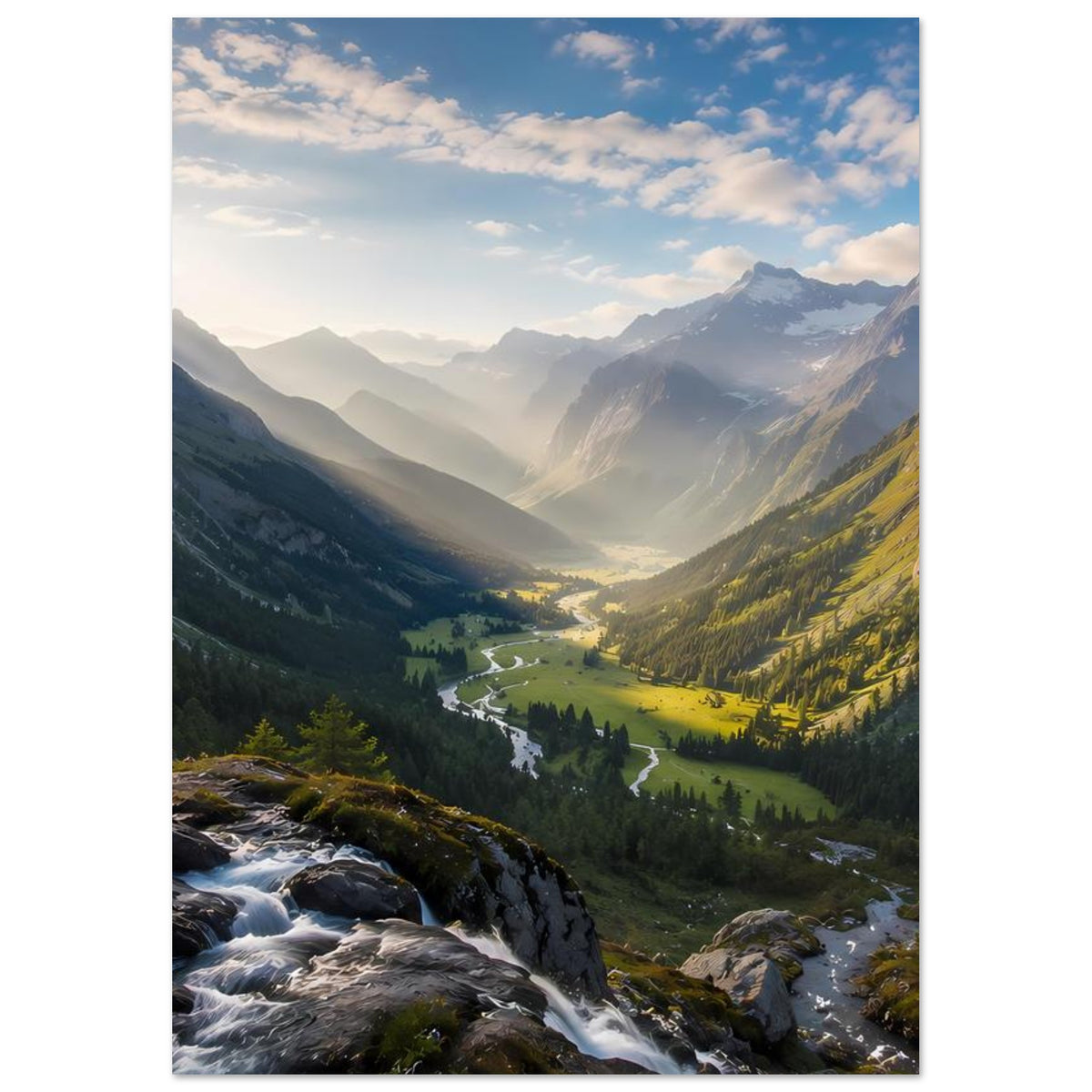 Poster im Hochformat mit Bergpanorama, Bachlauf durch das Tal und goldenem Licht