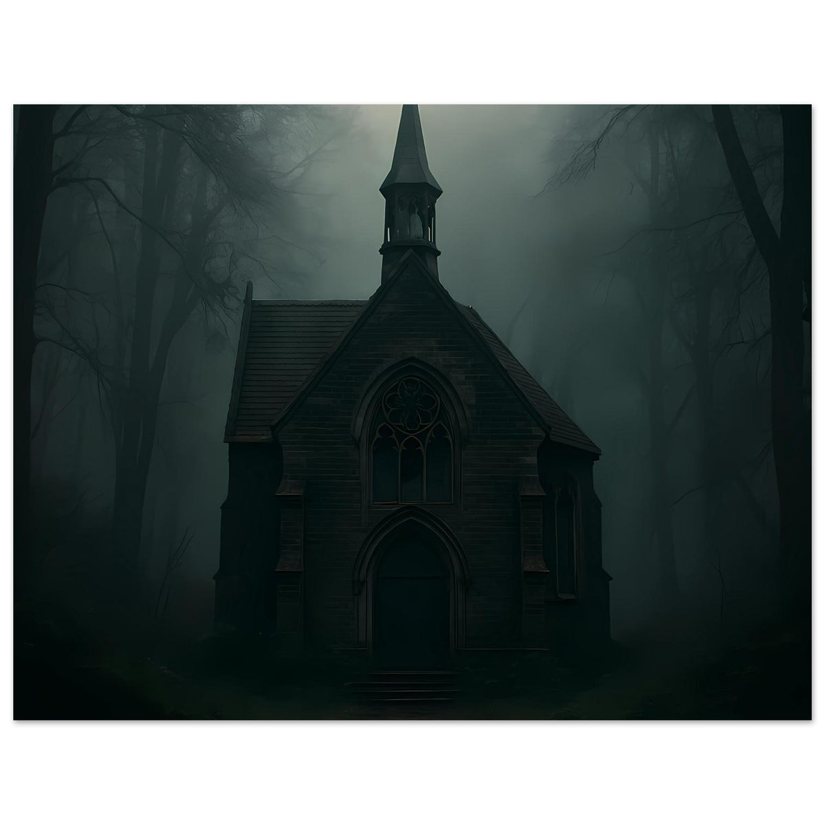 Kapellenposter: dunkle Kapelle mit markantem Kirchturm und Eingangsportal