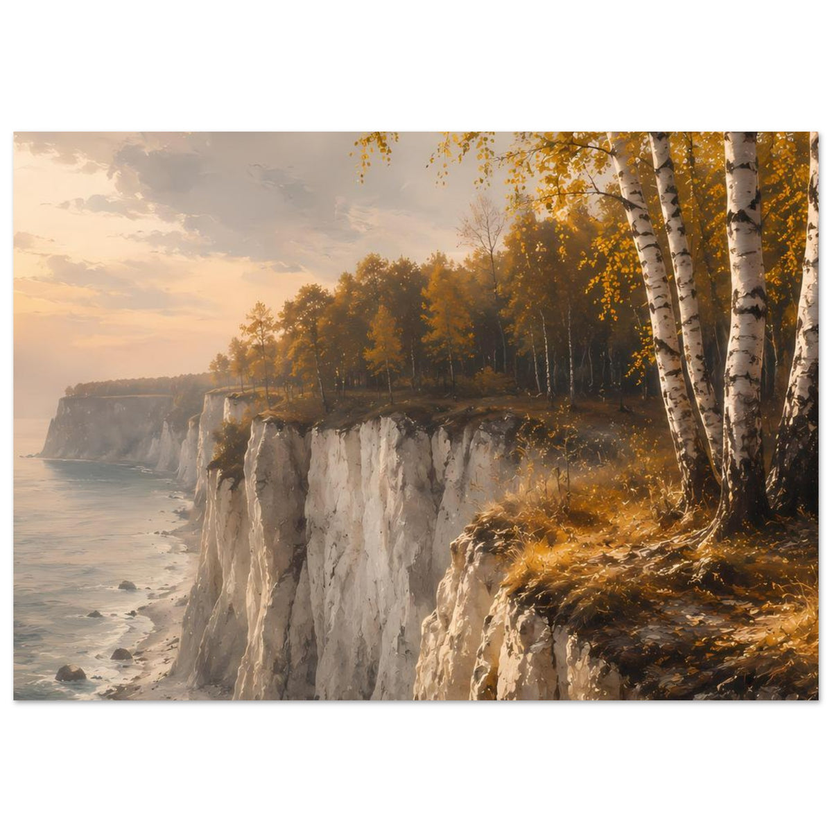 Herbstküsten-Poster mit Meerlinie, Steilfelsen und Birken am Uferhang, matt