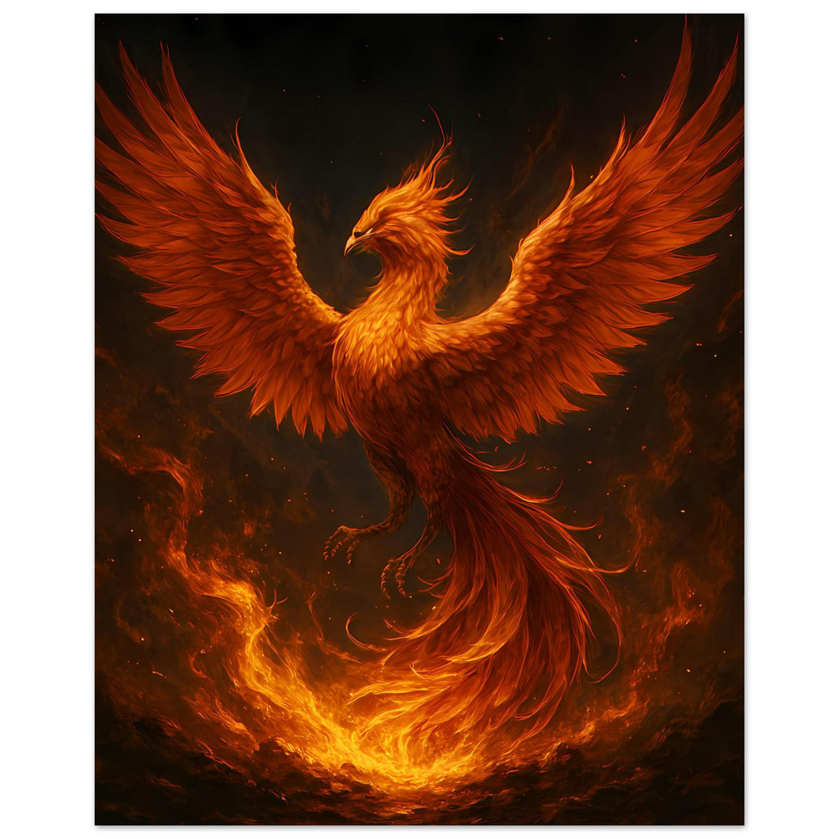 Poster mit schwebendem Feuerphönix, Flammenwirbel und leuchtend gelbem Körper, vertikal
