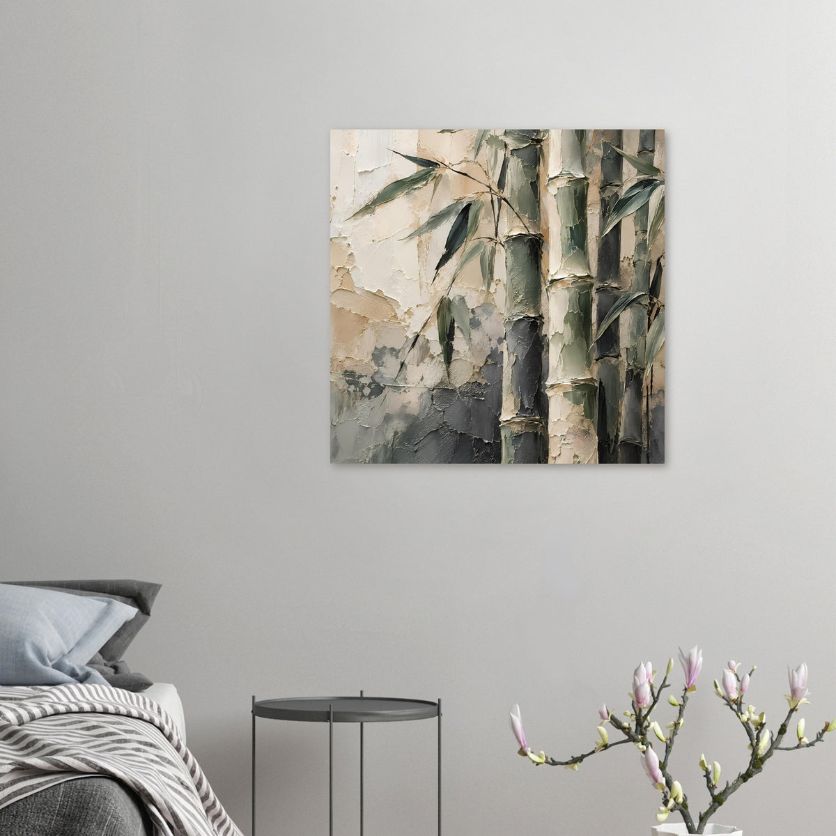 Kleines, gerahmtes Bambuskunst-Poster im quadratischen Format mit abstrakten Bambusstämmen und Blättern