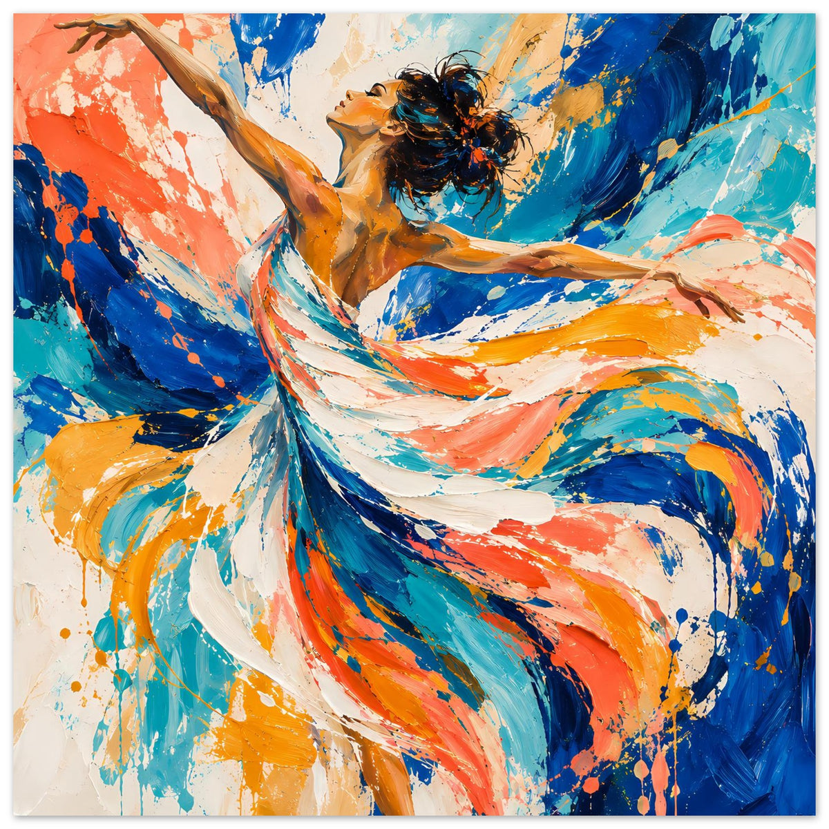Kunstposter im Querformat mit Tänzerin in Acryloptik, Blau-, Orange- und Spritzfarben.
