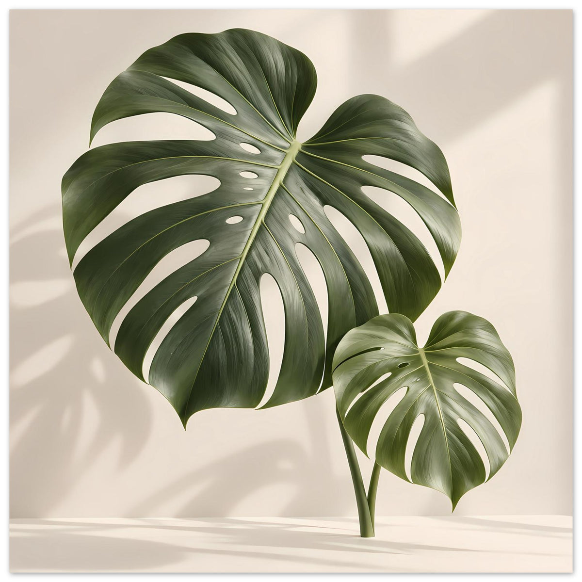 Monstera-Blattposter mit zwei Blättern: großes Blatt mittig, kleineres rechts