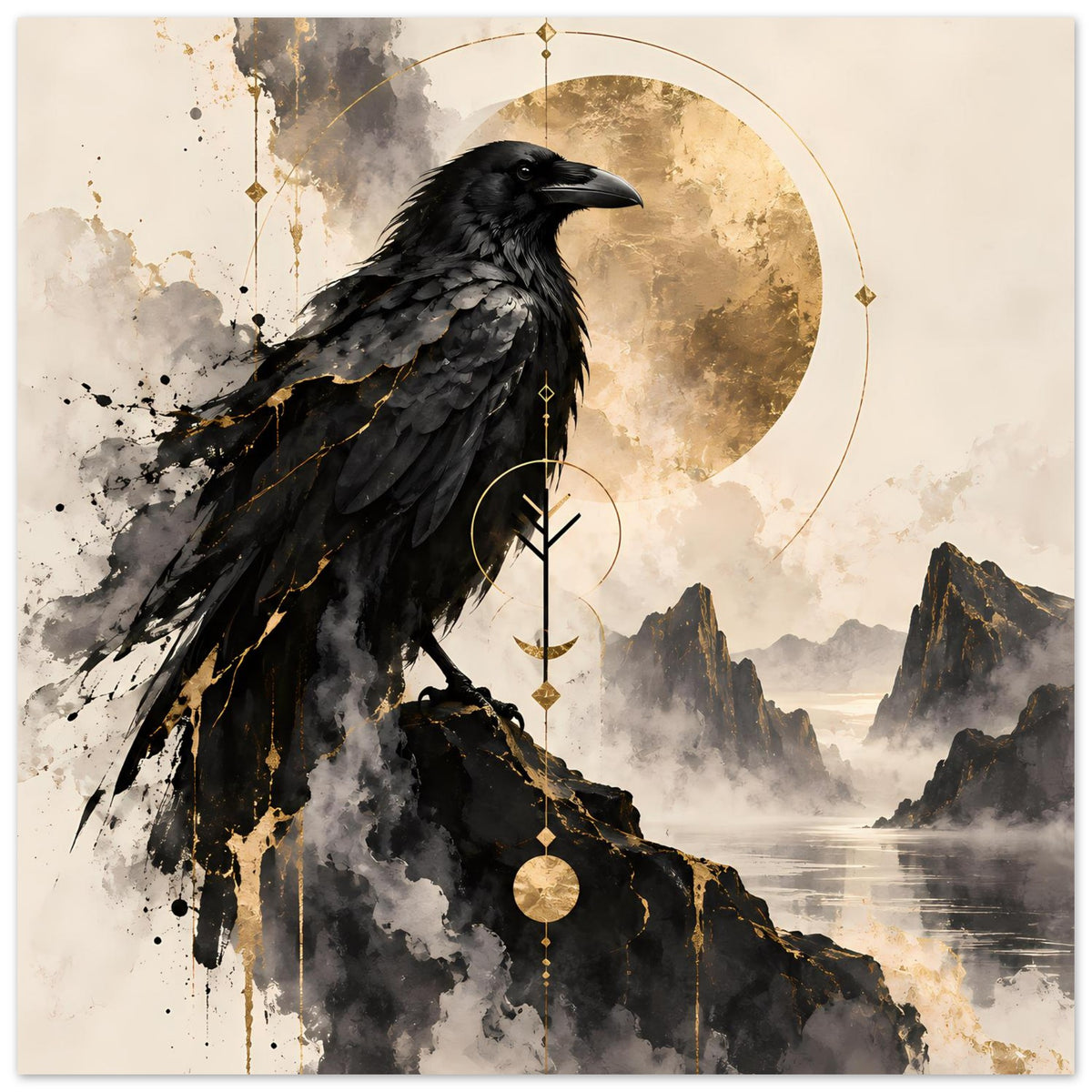 Schwarzer Rabe mit goldenen Kettenlinien, Vogelkunst-Poster mit Mondkreis und Nebelbergen