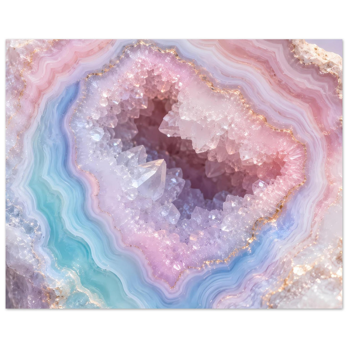Poster mit Achat-Kristallen, Pastellblau und Rosa, violette Farbflächen im Zentrum