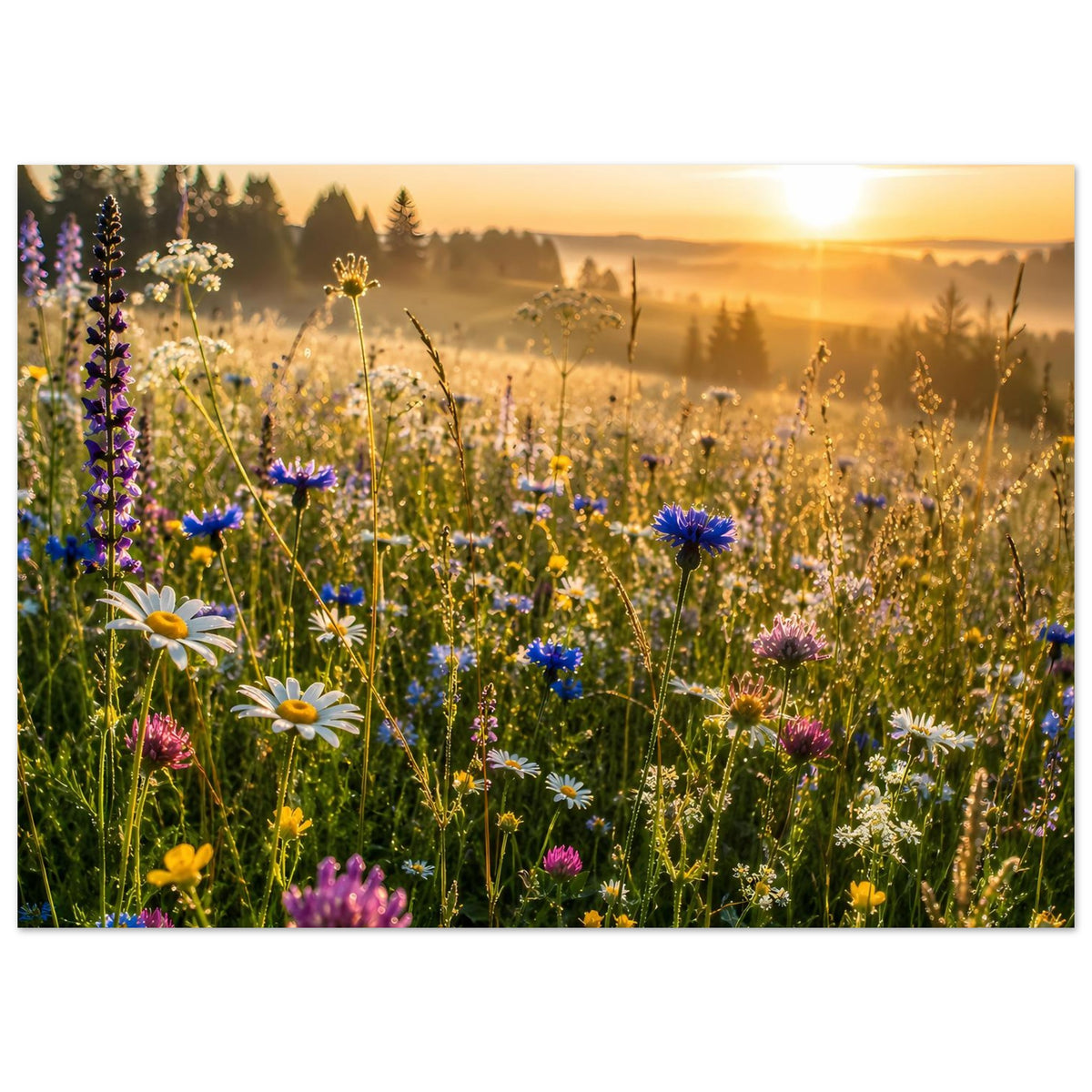 Wildblumenwiesen-Poster, horizontal: bunte Wildblumen im Morgenlicht mit heller Sonne