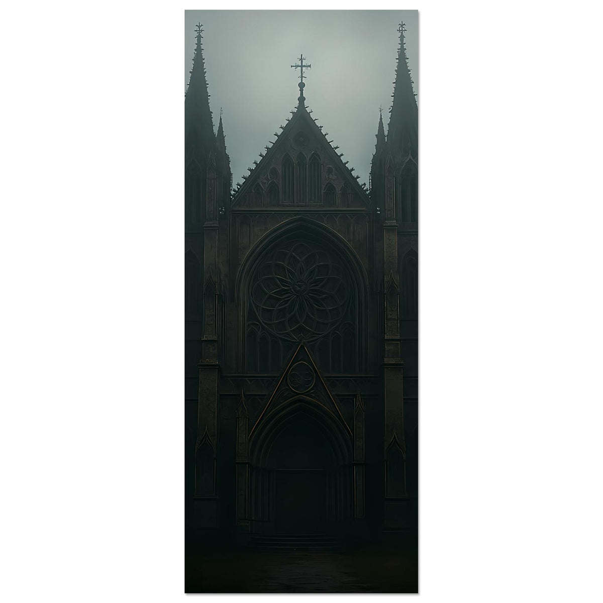 Kunstdruck im Hochformat: gotische Kathedrale, großer Torbogen, Rosette und drei Turmspitzen