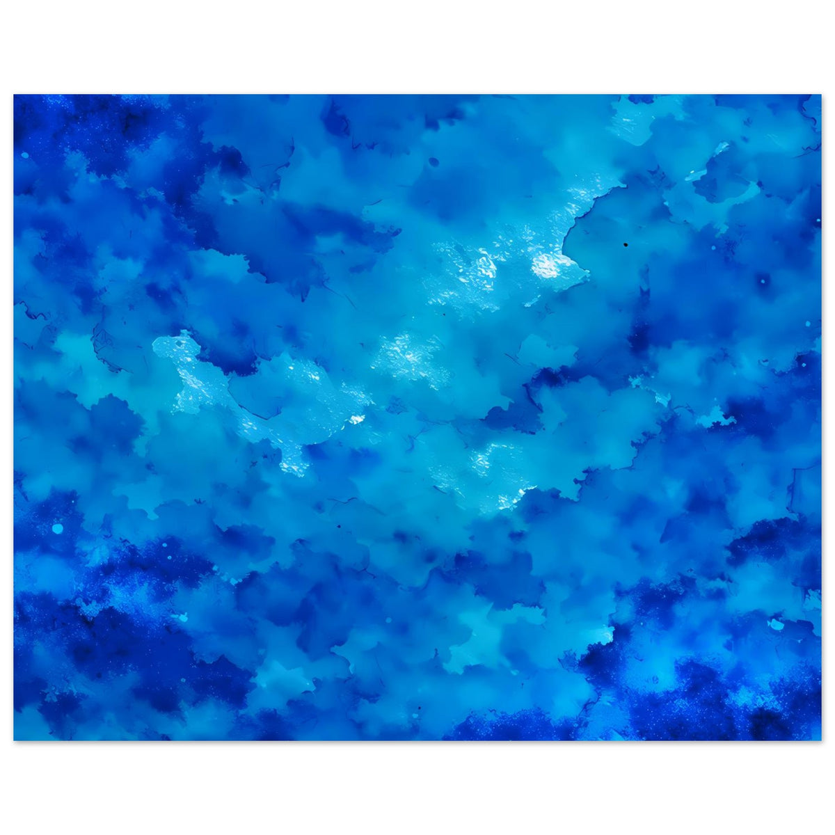 Blaues abstraktes Kunstposter mit Aquarellwolken und hellem Glanzpunkt, horizontal