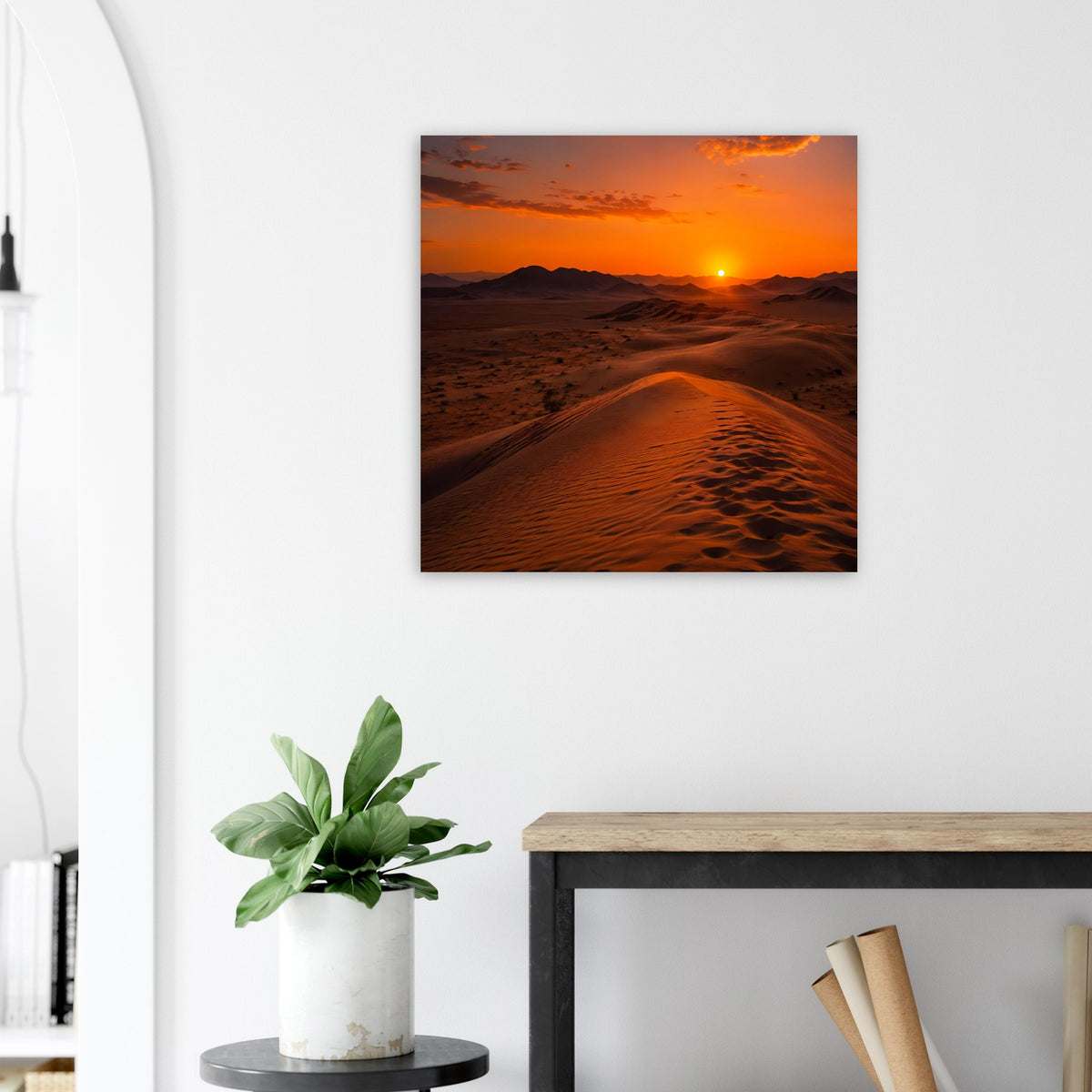Rechteckiges Poster: Abendsonne über Wüstendünen, orangefarbener Sandweg