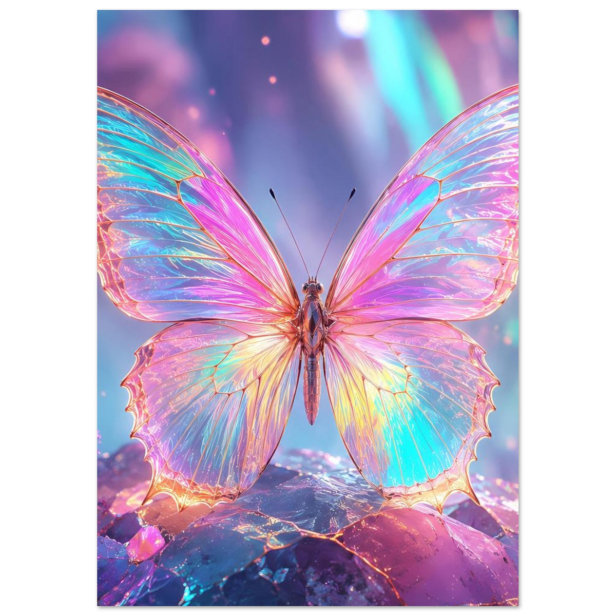 Fantasy-Poster mit großen Flügeln in Regenbogenfarben und Schmetterling zwischen Kristallen