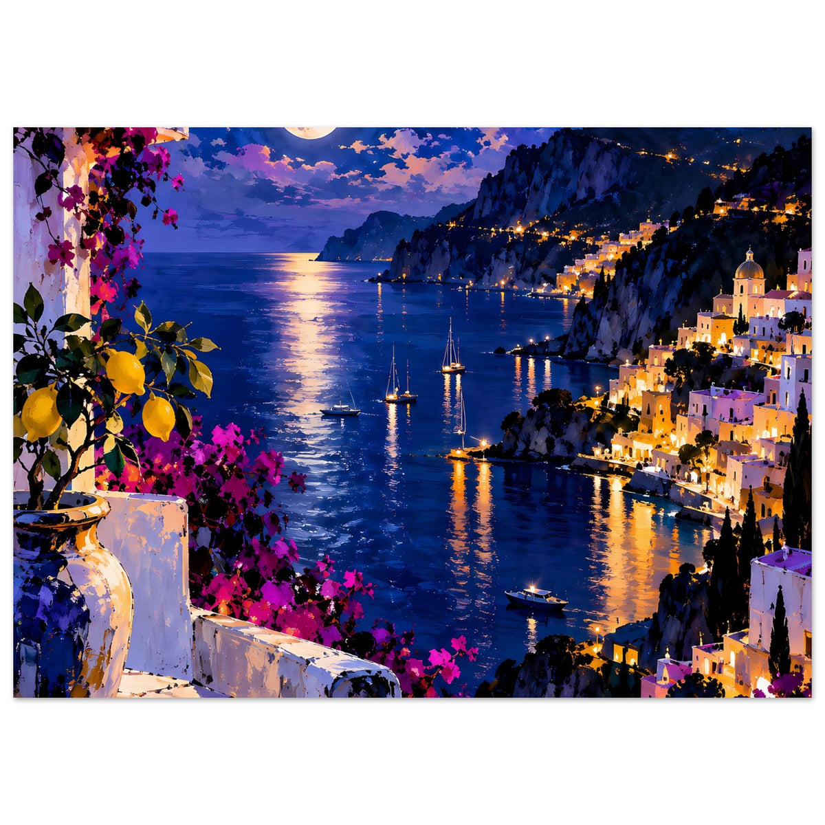 Beleuchtetes Küstendorf bei Nacht mit Bougainvillea-Blüten