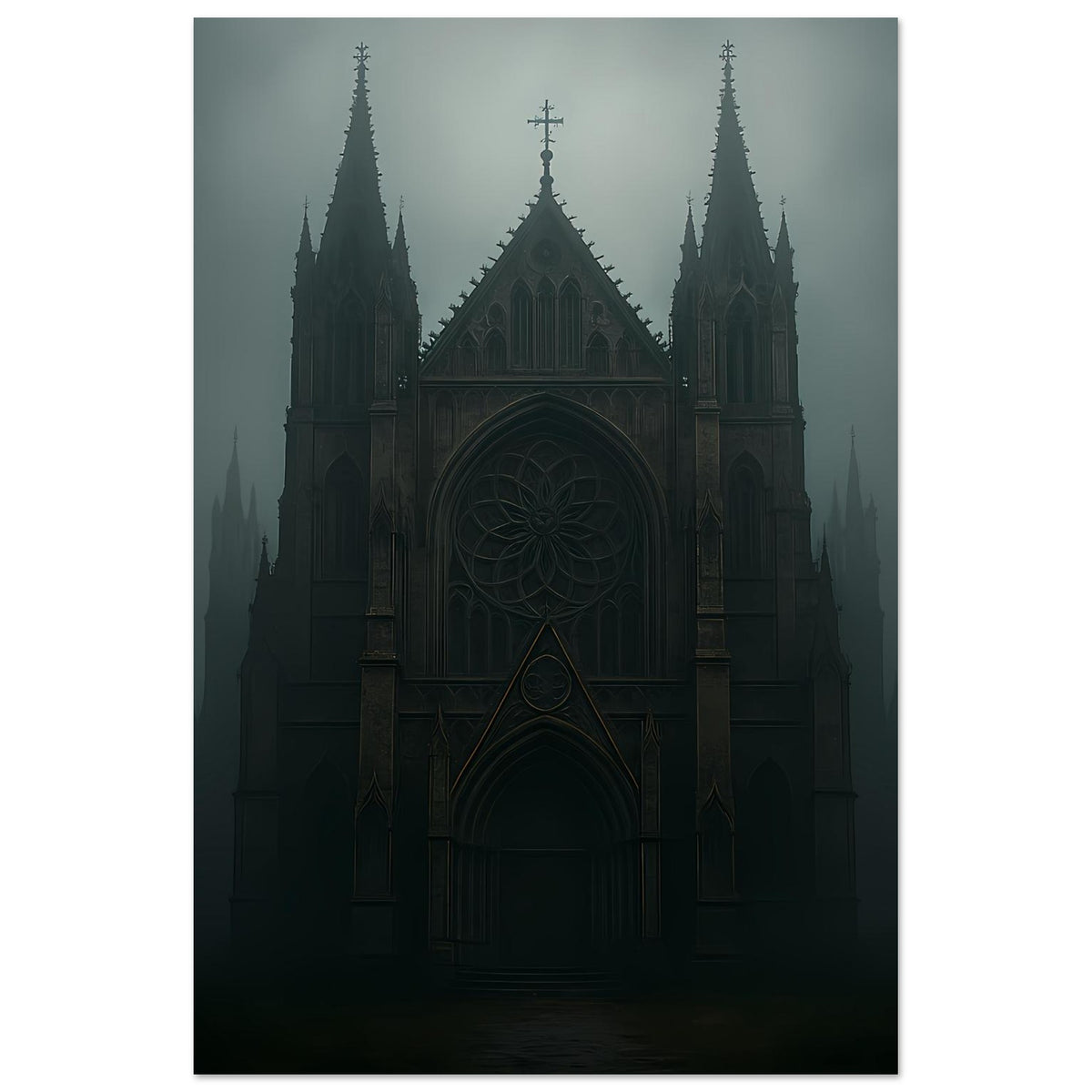 Gotisches Kathedralenposter im Hochformat, dunkle Kathedrale mit Portal und Türmen