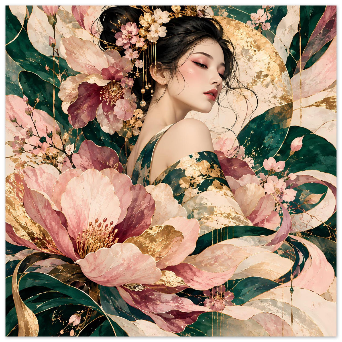 Elegantes Poster mit Frau und Blumen in Rosé, Grün und Gold