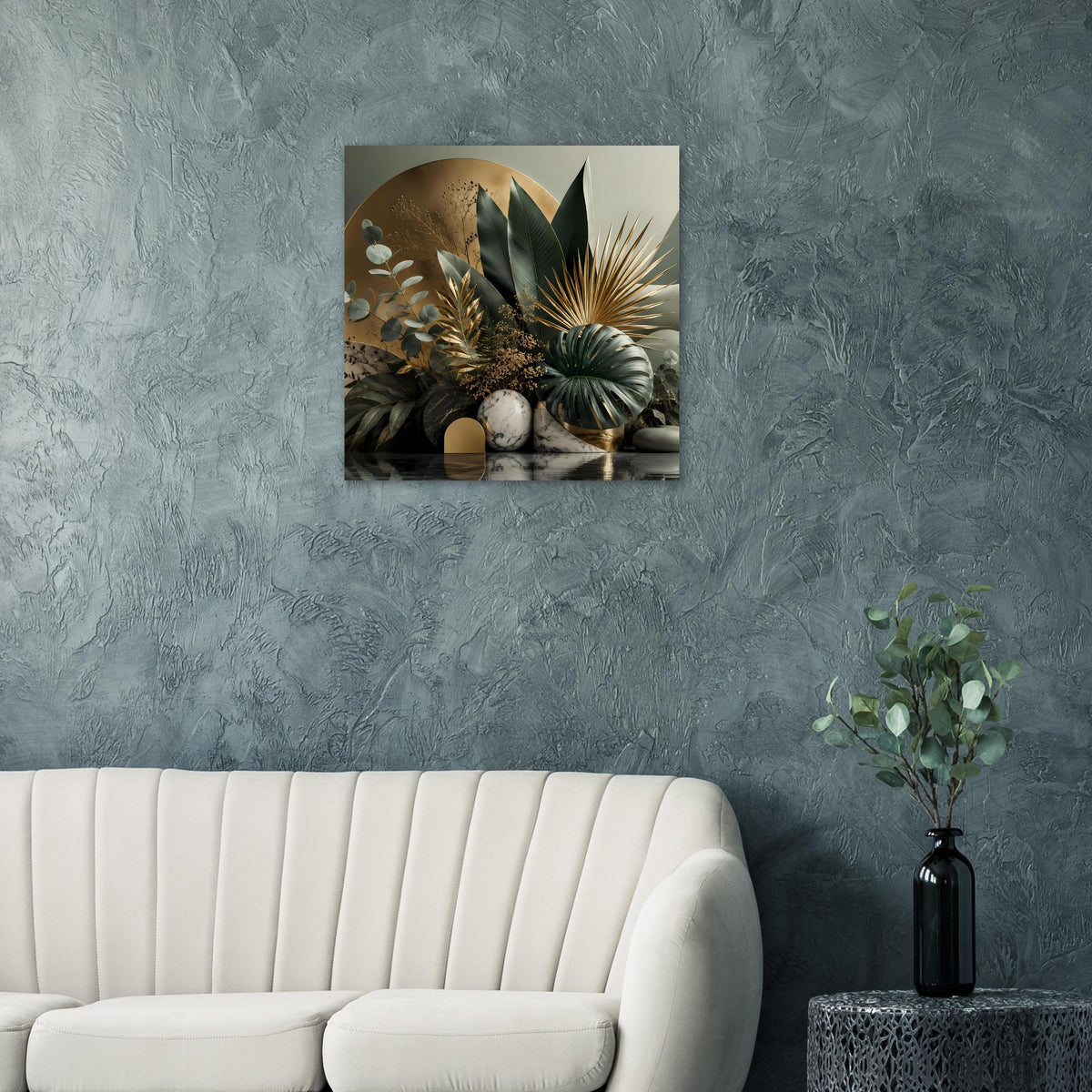 Botanisches Poster mit Blättern, goldenen Highlights und Marmorelementen, horizontal