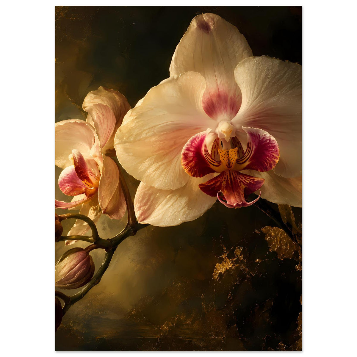 Orchideen-Poster: cremeweiße Blüte mit rosaroter Mitte, seitliche Blütenknospen sichtbar