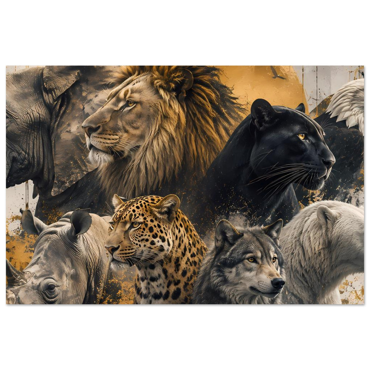 Poster mit Löwe, Panther, Leopard und zwei Wölfen, goldene Hintergrundscheibe