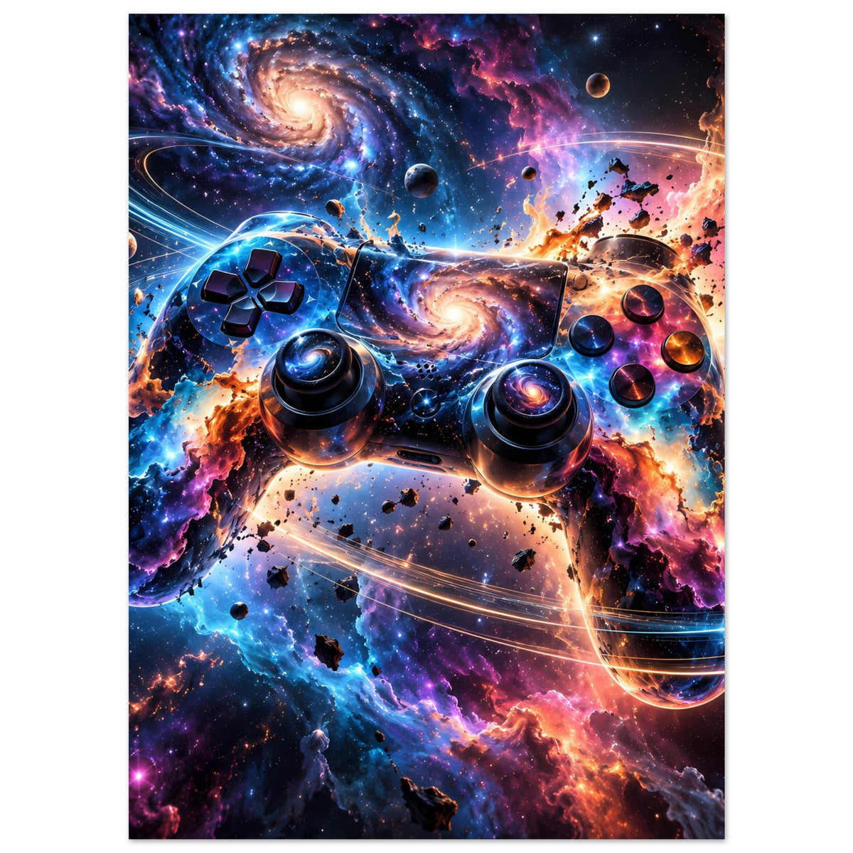 Gaming-Controller-Poster im Hochformat: galaktische Farben, Joysticks und leuchtende Tasten