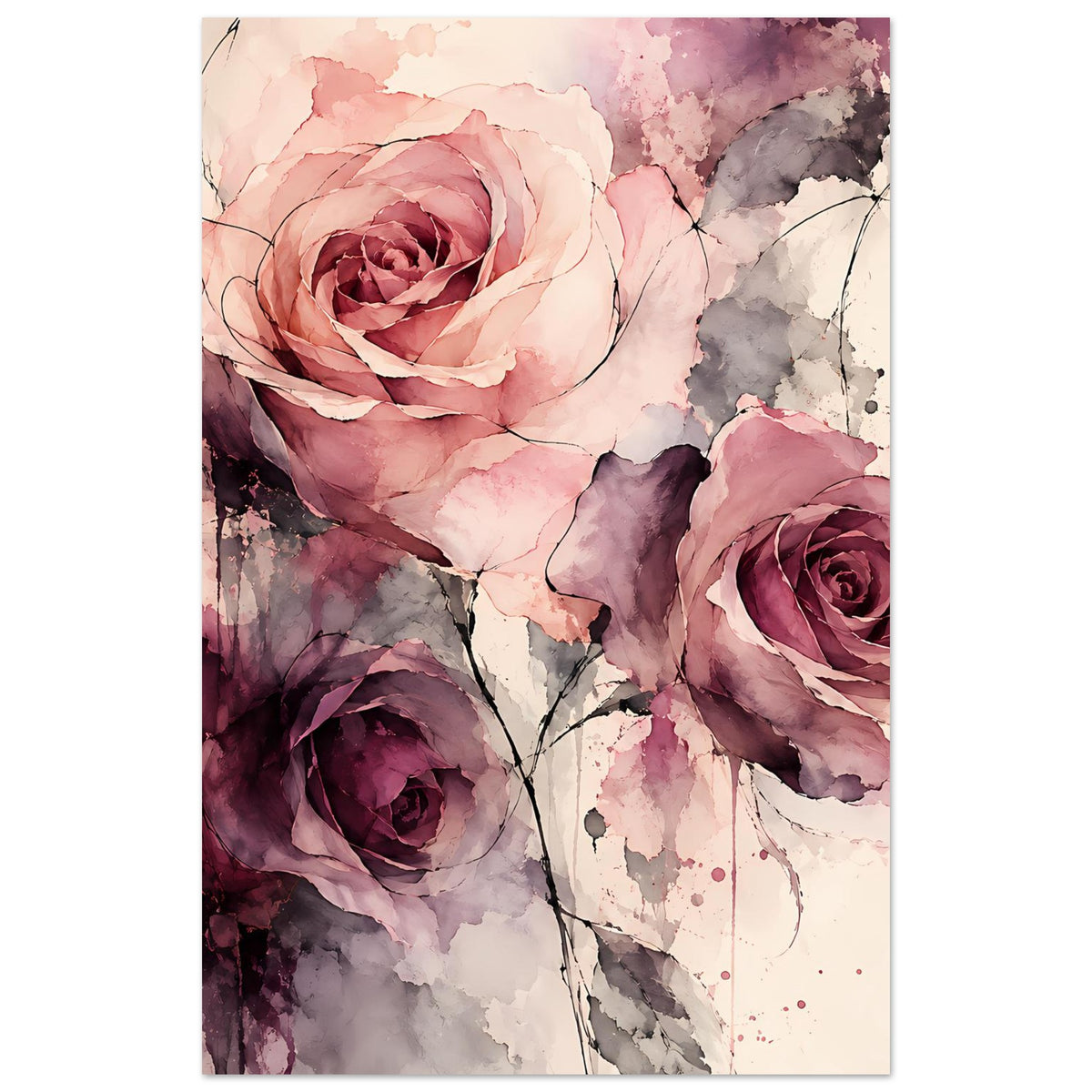 Wasserfarben-Rosenposter im Hochformat: große rosa Rose, violette Blüten, Spritzdekor.