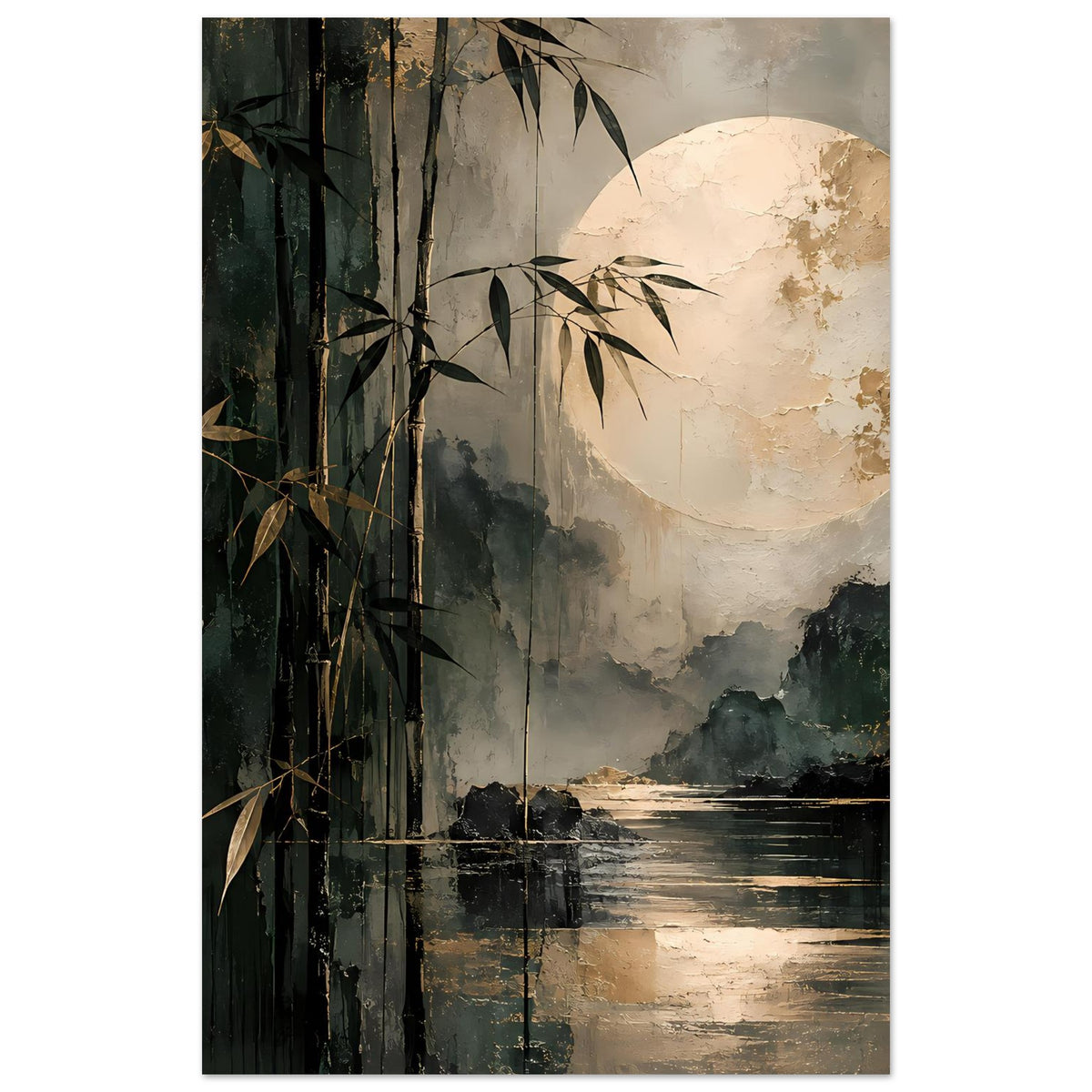 Hochformat-Naturposter mit Bambusstämmen links, Mondsichel oben rechts und Wasserreflexen unten
