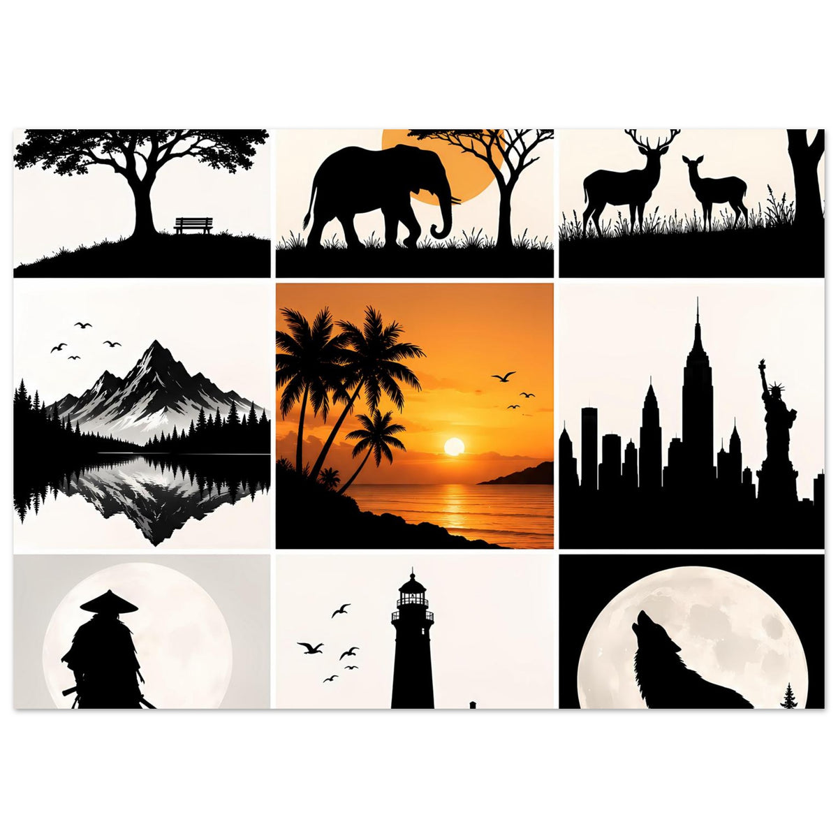 Kunstposter-Collage mit Elefant, Hirsch und Palmen-Sonnenuntergang, dazu Berglandschaft