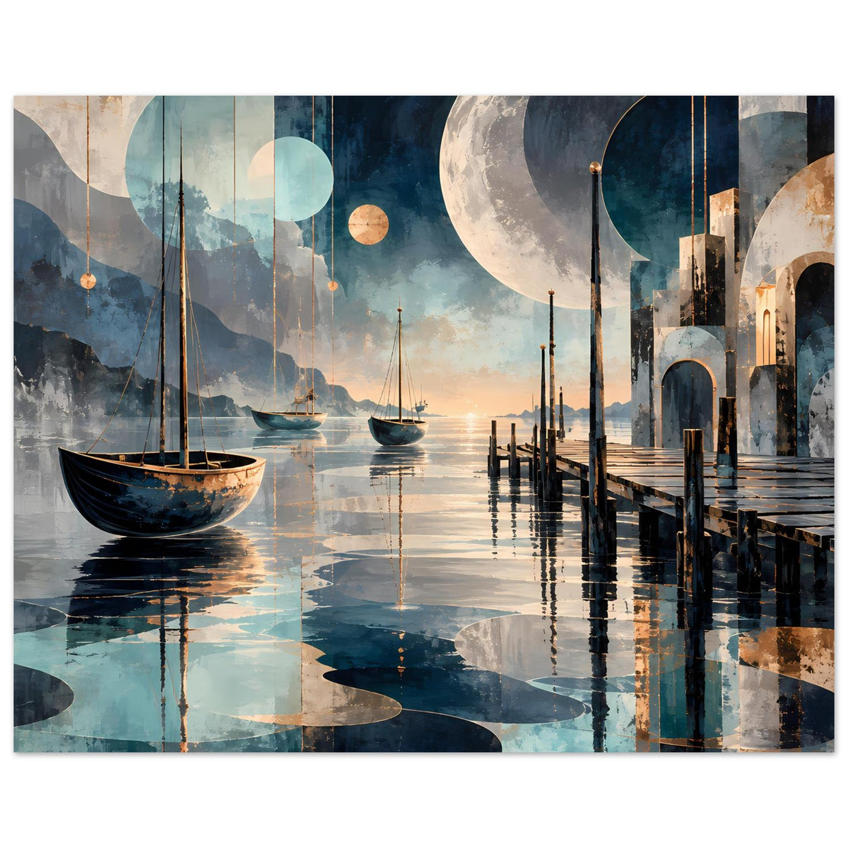 Maritimes Nachtposter mit Mond, Wasserreflexionen, Segelboot und Hafenpier