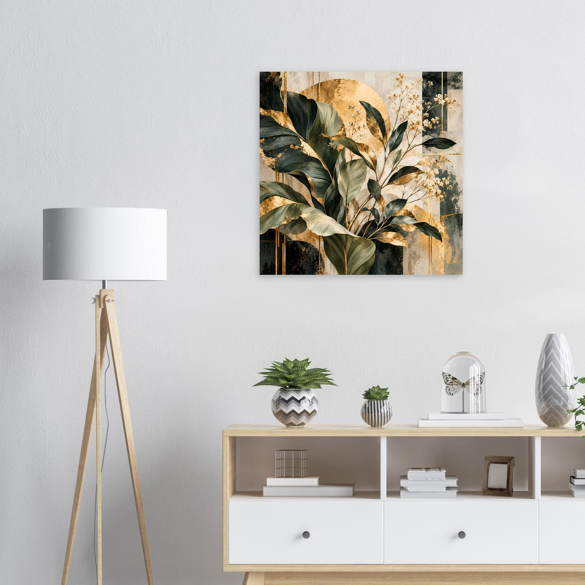 Premium-Poster mit goldfarbenem und grünem Blattmotiv, quadratisch, mit dunklem Rand