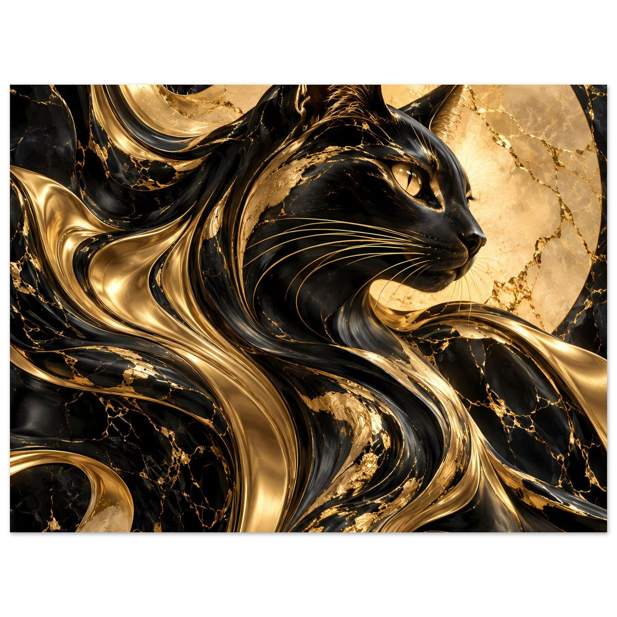 Querformat-Poster mit Katzenprofil, gold-schwarzen Marmorausläufern und feinen Linien im Wirbelstil.