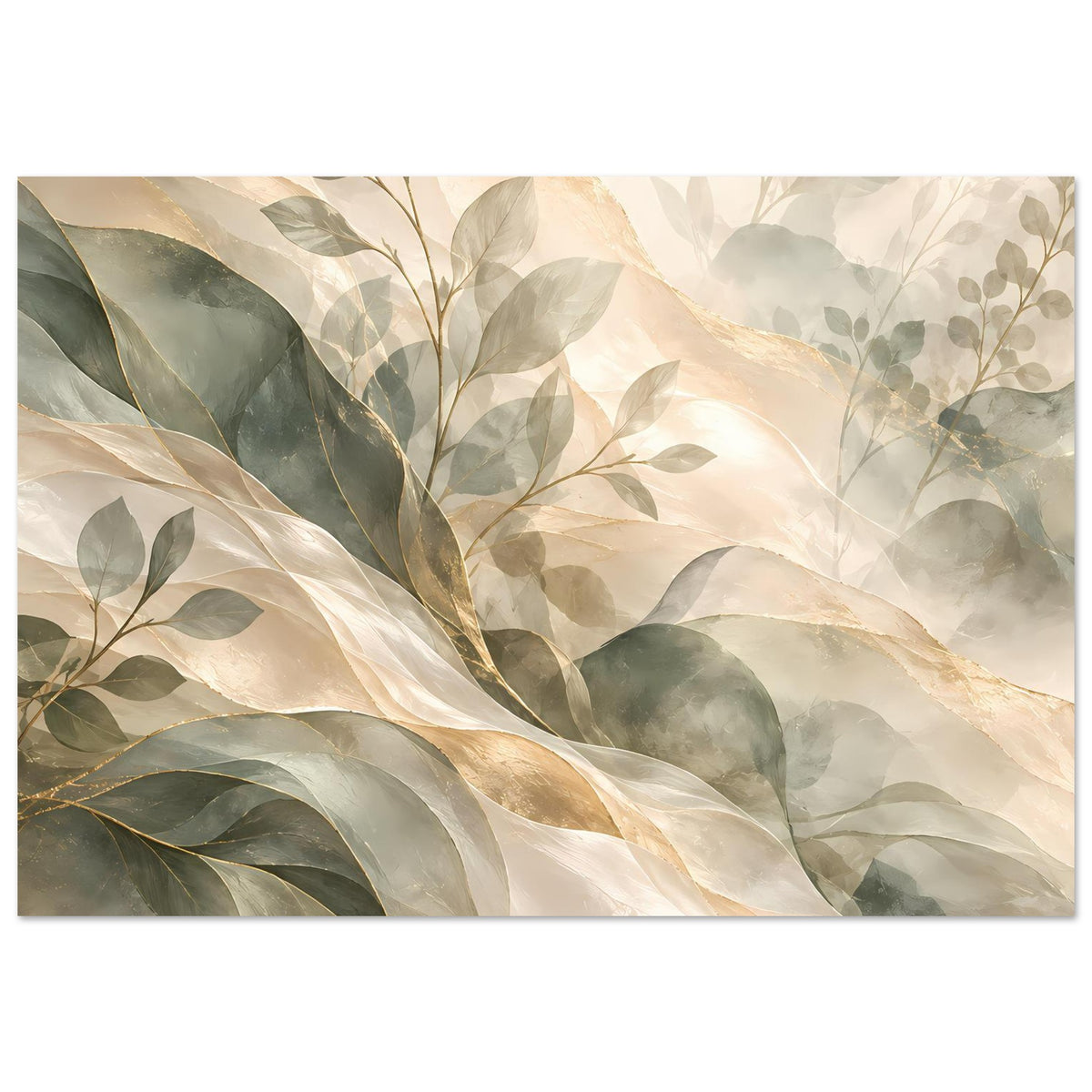 Botanisches Kunstposter mit Blättern und goldenen Akzenten in Salbeigrün und Creme, Querformat