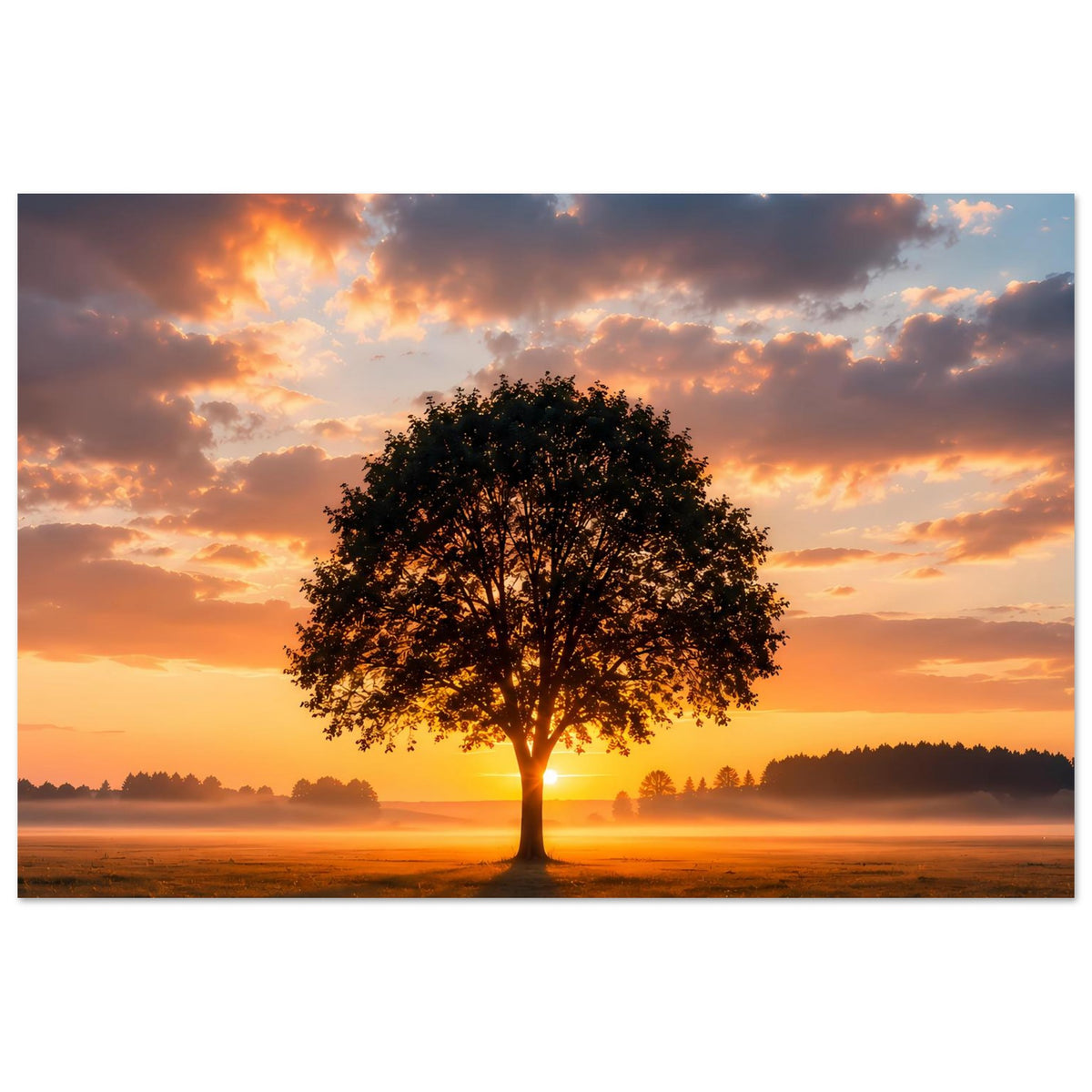 Horizontales Poster: Baum im Zentrum, Sonnenuntergangshimmel mit warmen Wolken