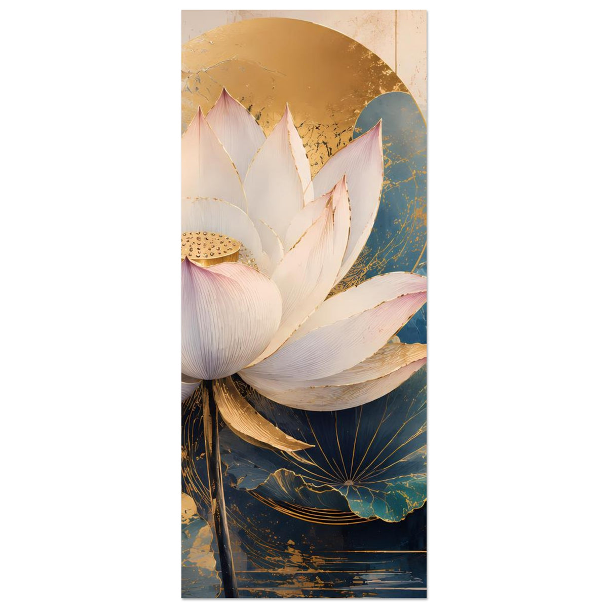 Lotusblumen-Poster (vertikal) mit weißer Lotusblüte, gold-blauen Farbakzenten und Schriftzug