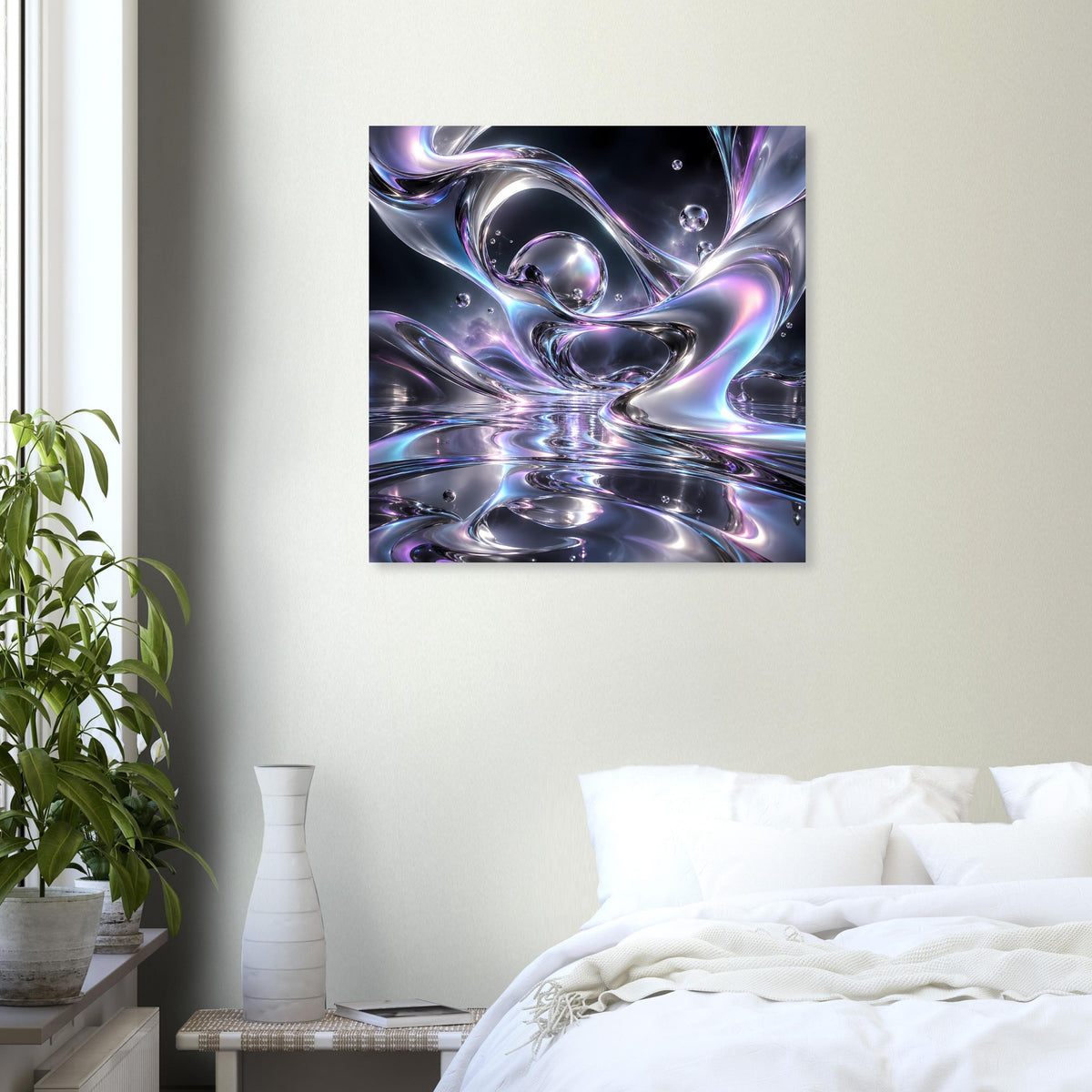 Quadratisches Poster: abstraktes Chrom-Liquid-Muster in Blau, Lila und Silber