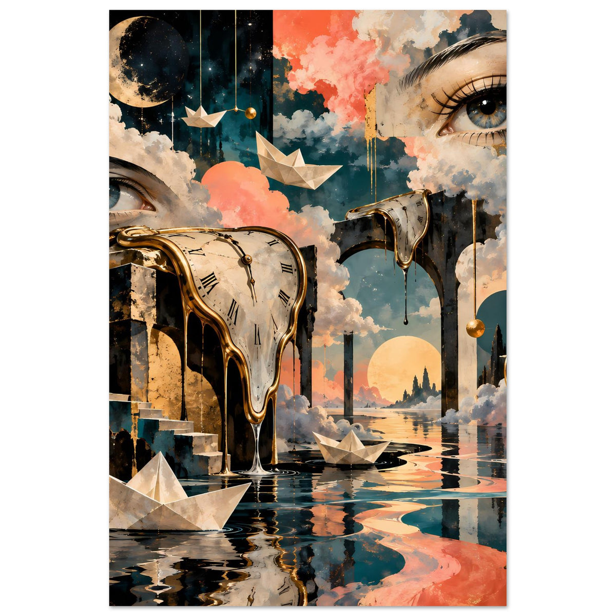 Surrealistisches Poster (vertikal): schmelzende Uhren und Tore, Auge oben rechts, orange Blauton