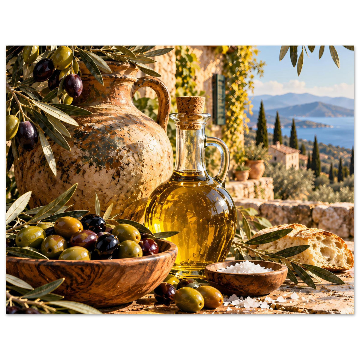 Oliven-Ernteposter horizontal: Ölflasche mit Oliven, Brot und Keramikkrug