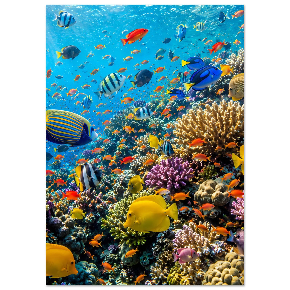 Hochformat-Poster mit Korallenriff, vielen tropischen Fischen und bunten Korallen, Rand