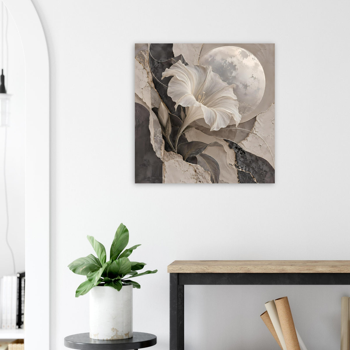 Kunstposter mit weißer Blüte, dunklen Blättern und hellem Mondkreis