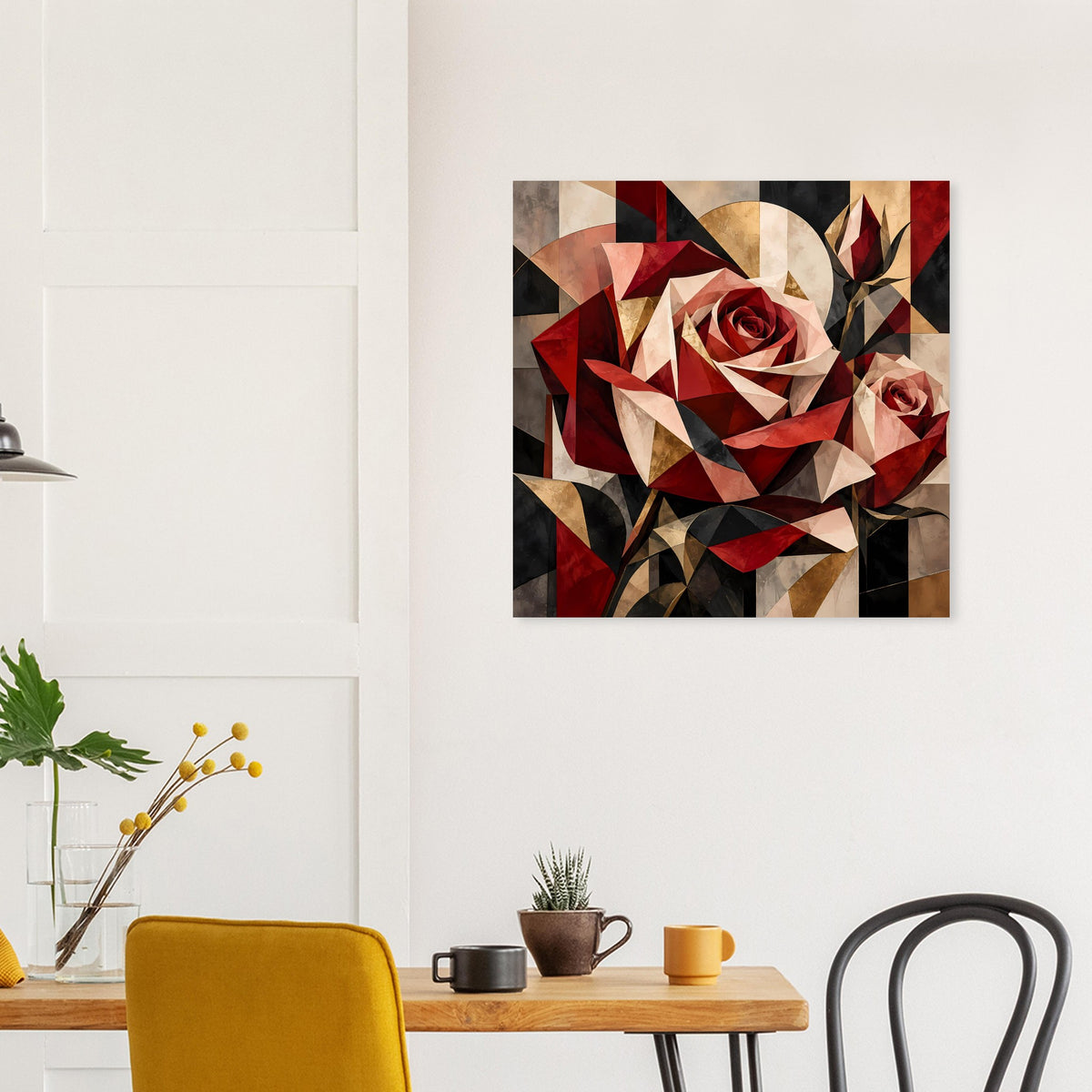 Blumenposter mit geometrischer Rose in Rot, Gold und Creme