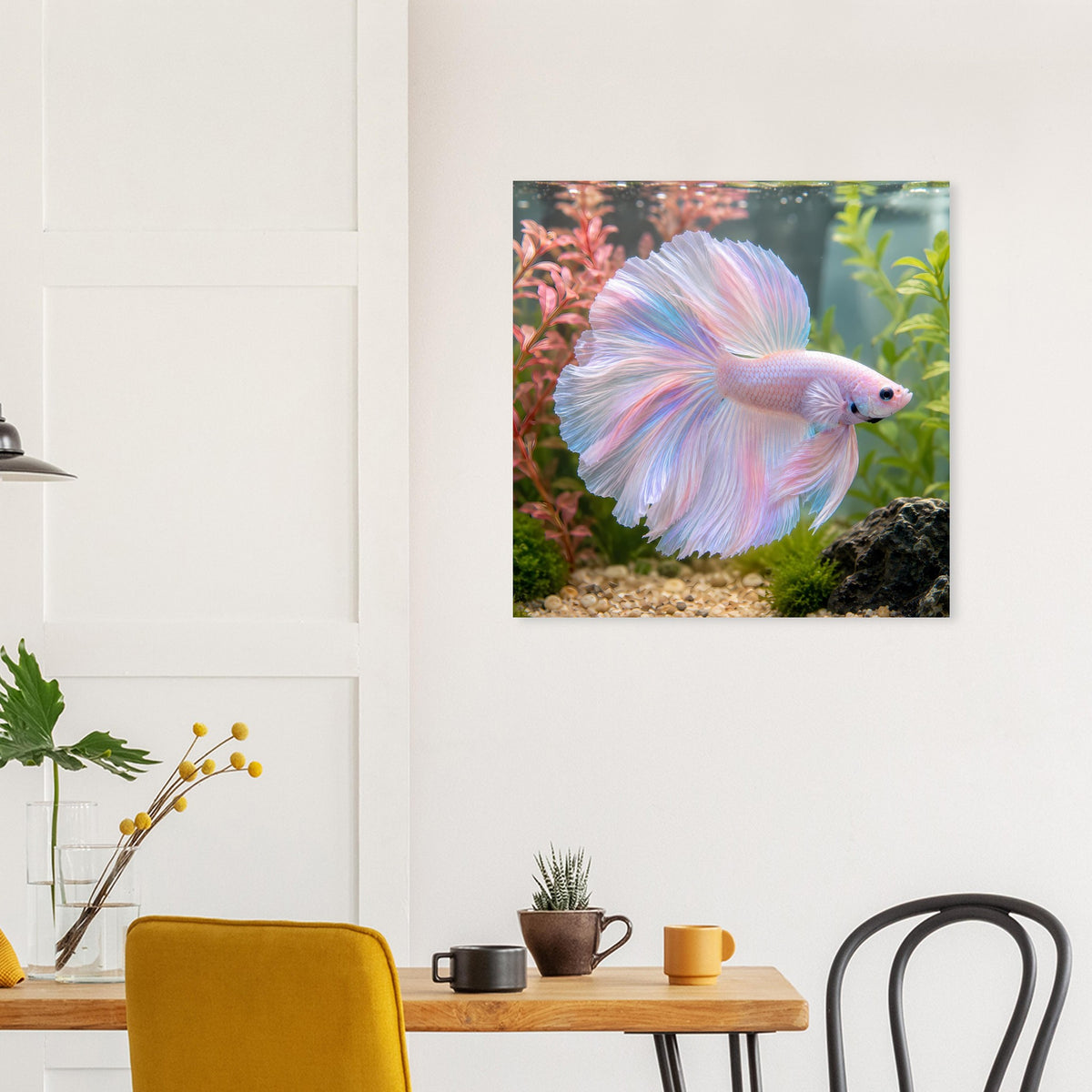 Quadratischer Kunstdruck mit blaurosa Kampffisch im Aquarium vor Pflanzen